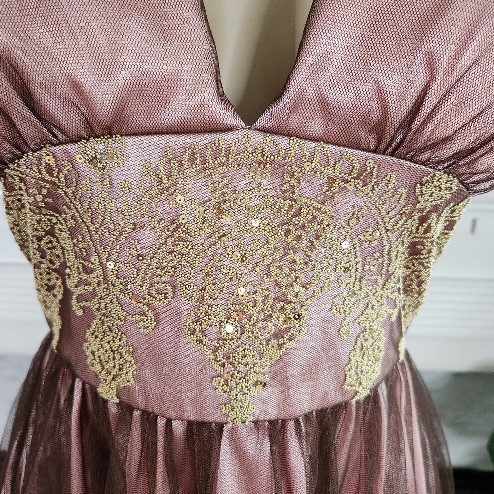 Adrianna Papell Boutique Mocha Brown Pink Gold Halter Dress Beaded Cocktail Sz 4 - Picture 5 of 14